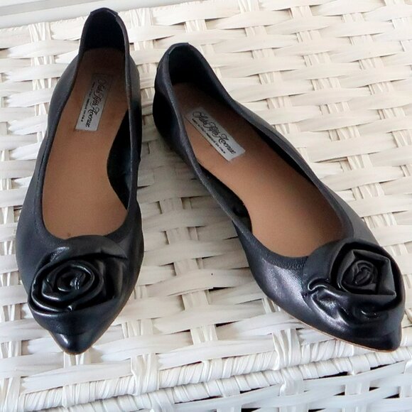 Saks Fifth Avenue Shoes - Saks Fifth Avenue Black Leather Rose Ballet Flats Slip-on Office Party Shoes 7.5